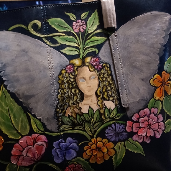 Unique HAND PAINTED Genuine LEATHER Tote Bag *NWT* Teal Blue Angel Fairy flowers - Picture 11 of 12